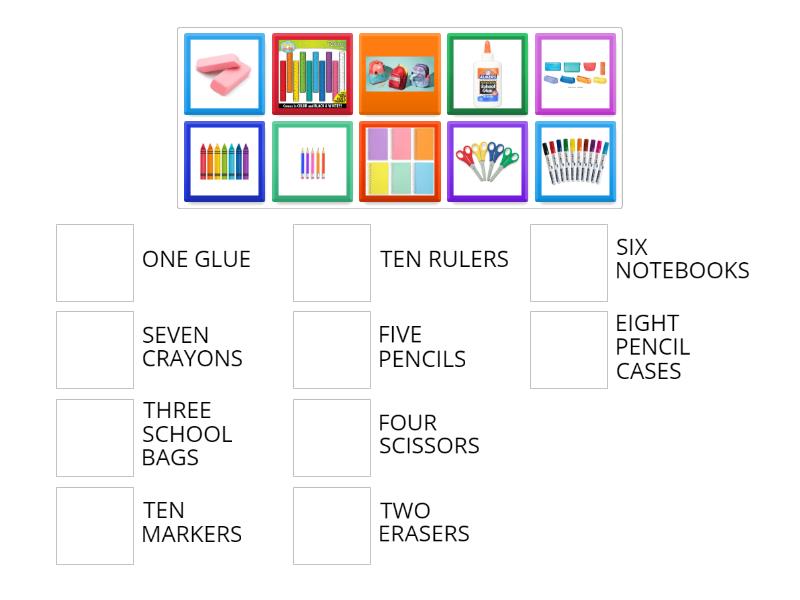 SCHOOL OBJECTS AND NUMBERS - Match up