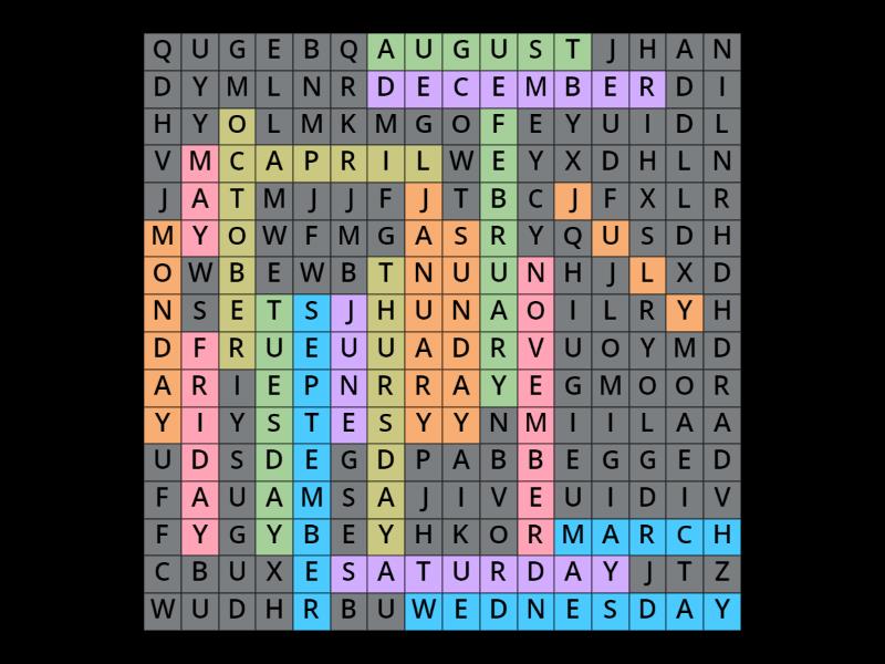 Months of the year and days of the week - Wordsearch