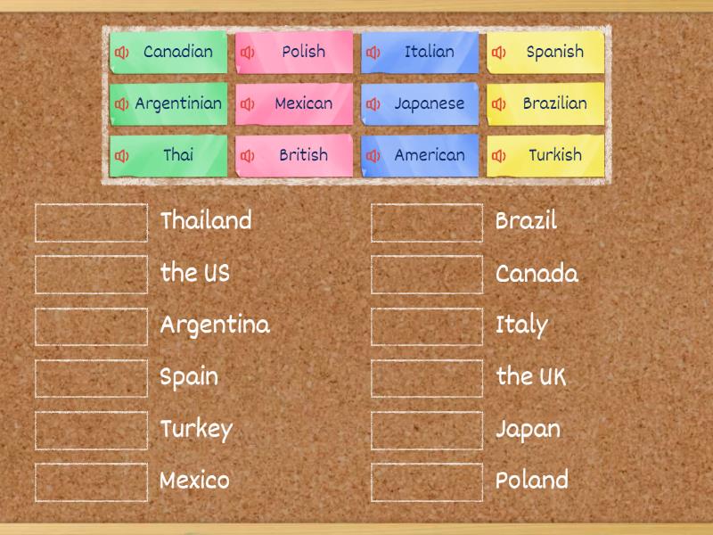 Match countries with their nationalities. - Match up