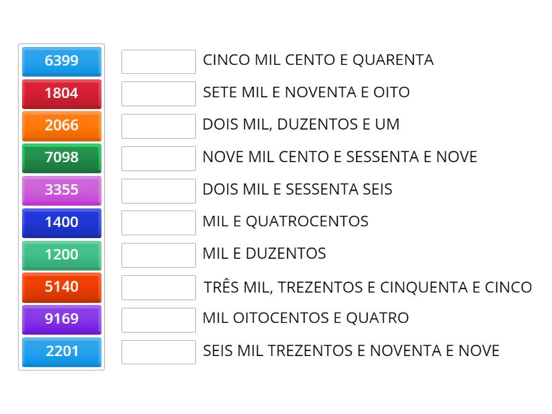 3º anos: ESCRITA DOS NÚMEROS POR EXTENSO - Match up