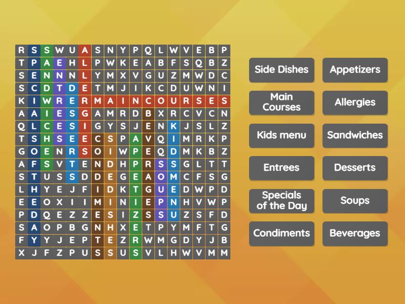 Restaurant Food List or a Menu - Wordsearch