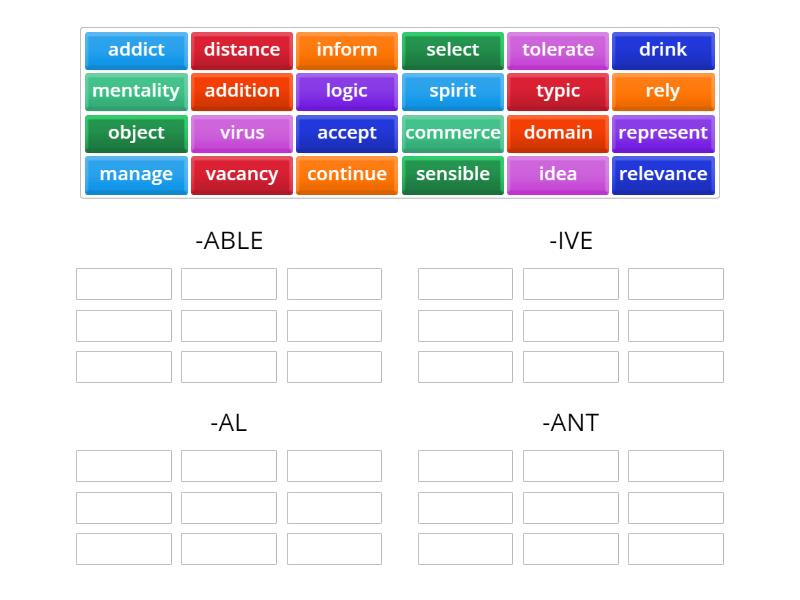 ACPB - I12 - PAGE 111 - VOCABULARY ADJECTIVE SUFFIXES - Group sort