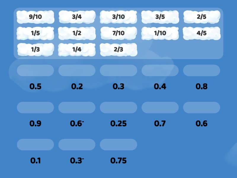 V Decimals Fractions Tenths Fifths Quarters Thirds Halves Match Up