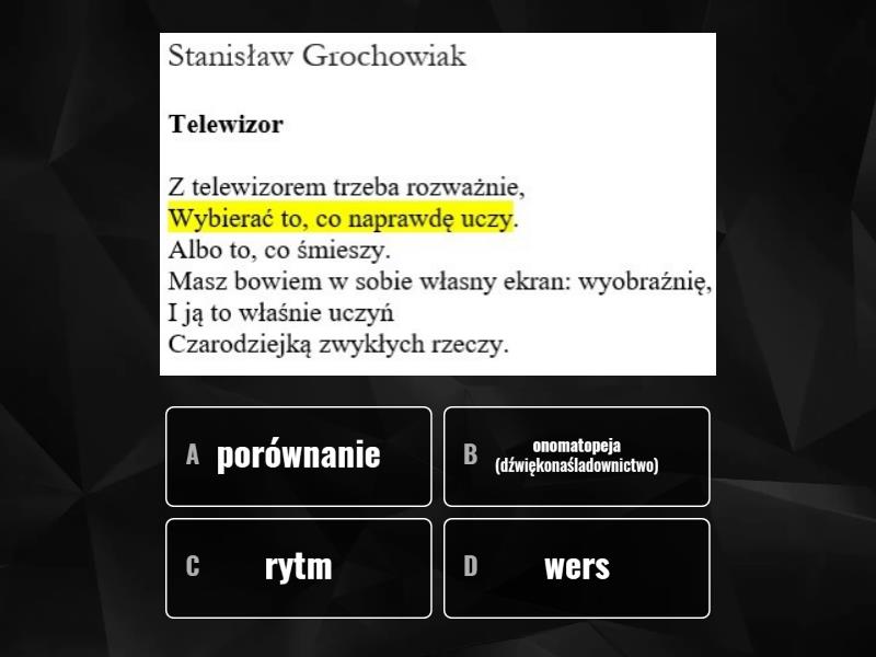 Sprawdzian Z Budowy Wiersza Klasa 4 Budowa wiersza i środki poetyckie - przykłady - Quiz