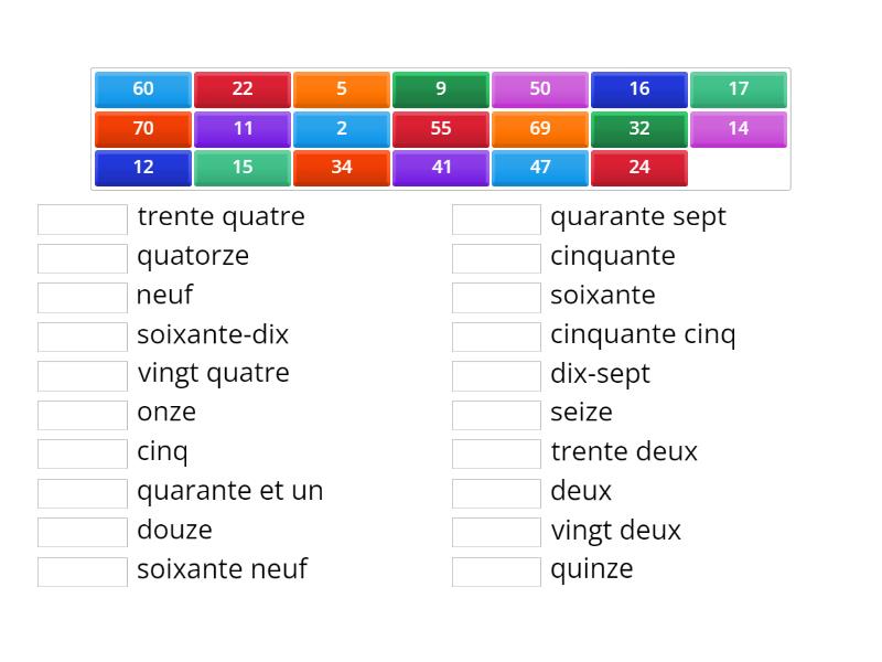 Les nombres en francais 0 - 69 - Match up