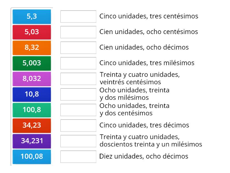 Lectura Y Escritura De Números Decimales Match Up 7569