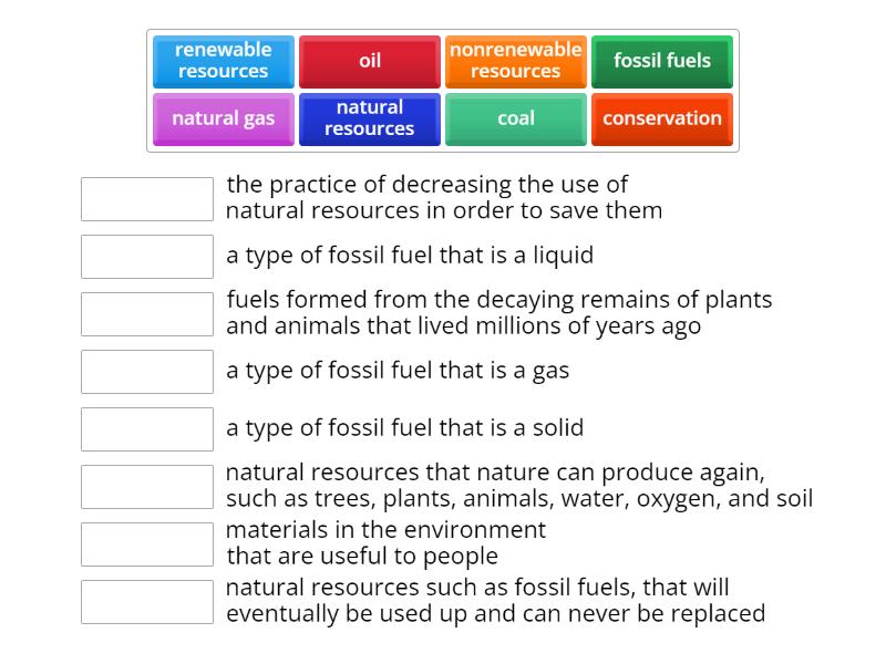 Natural Resources & Fossil Fuels Vocabulary Match up
