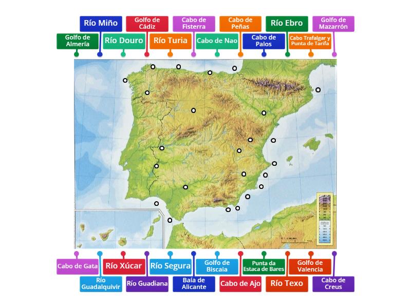 Mapa de España de Cabos, Ríos y Golfos - Labelled diagram