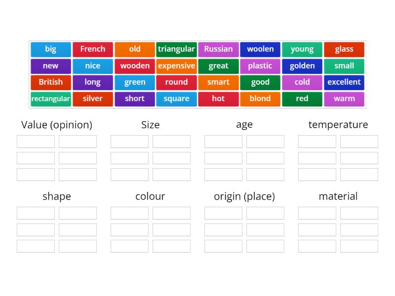 Adjective order Categories - Group sort