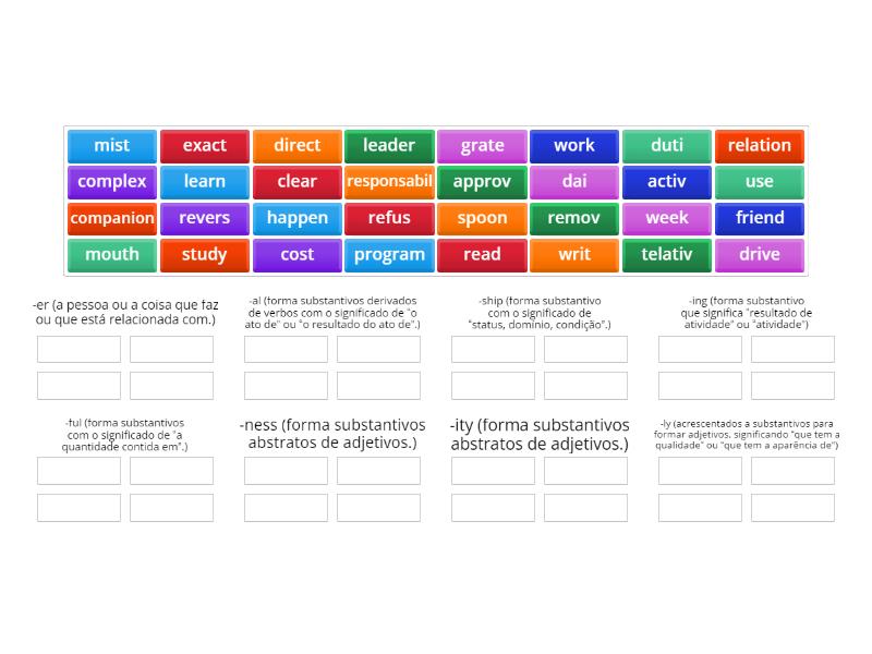 Suffixes (al, ous, ful, ity, ship, ing, ly, y, ness, er) - Group sort