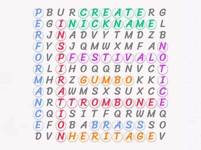 Trombone Shorty Vocabulary Word Find Wordsearch