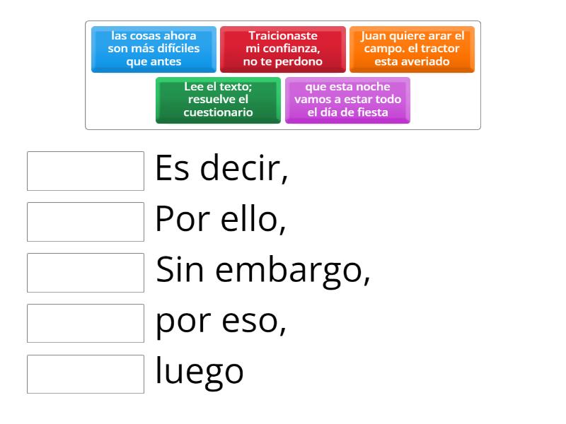 Identifica los conectores textuales de cada frase - Match up