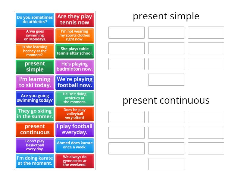 Sort sentences into present simple or present continuous - Ordenar por ...