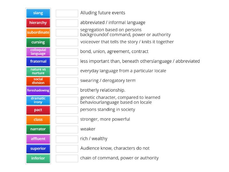 Blood Brothers Key Words Match up
