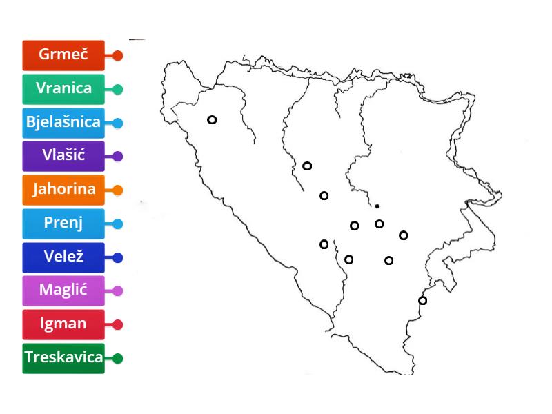 Planine BiH slijepa Karta Labelled Diagram