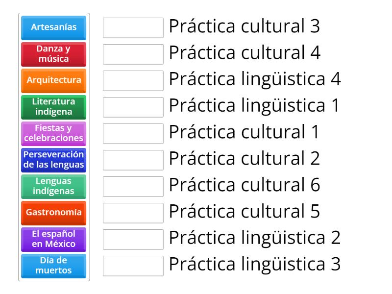 Selecciona prácticas culturales y lingüísticas de México - Match up