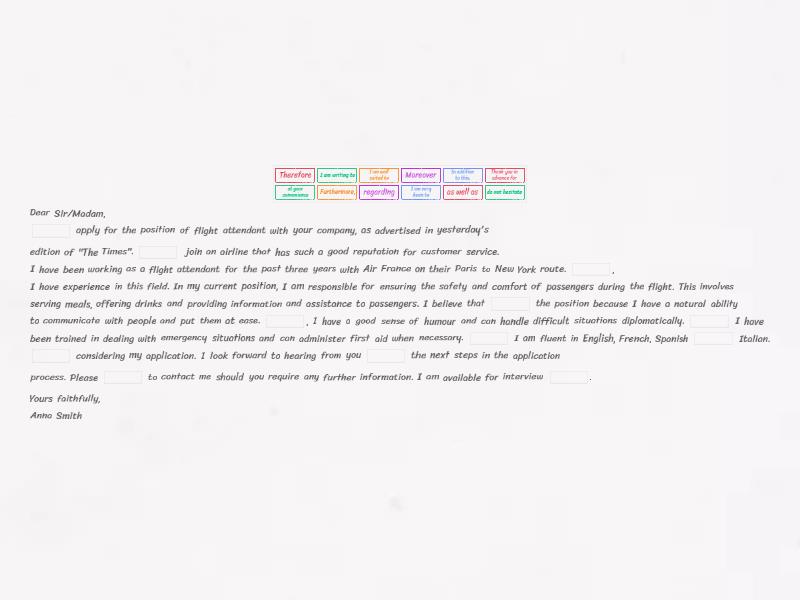 A job application letter - Complete the sentence