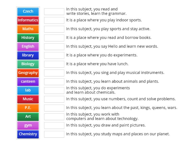 School subjects and places - Match up