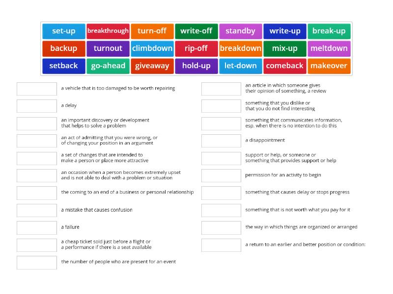 EF Advanced Plus - 1B - Phrasal nouns (Verb first) - Połącz w pary