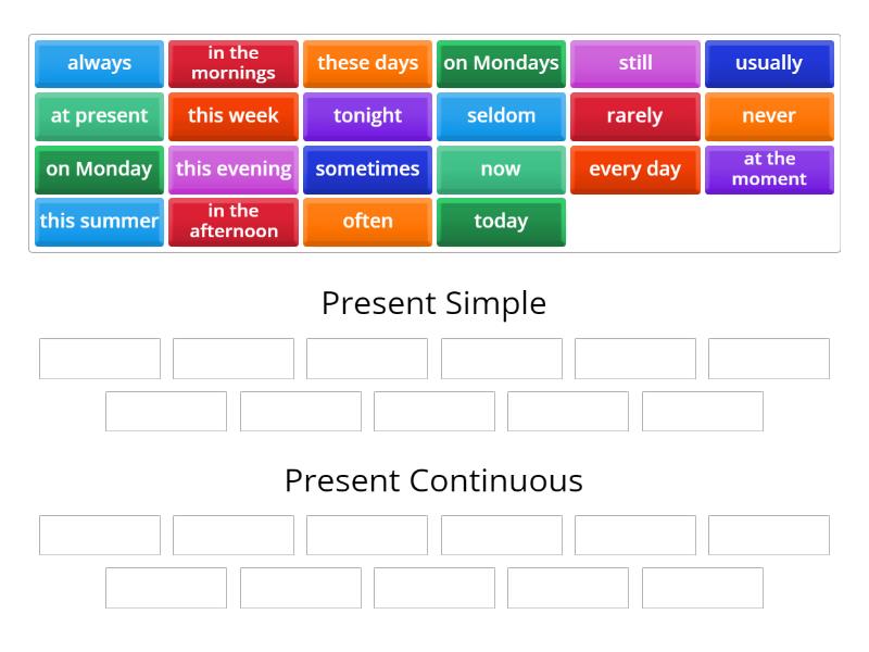 Time expressions: Present continuous vs Present simple - Ordenar por grupo