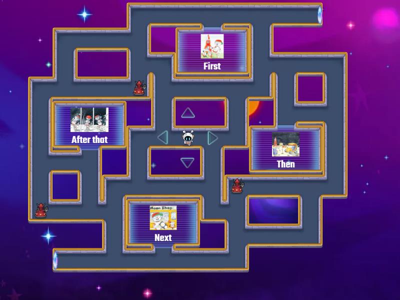 Sequence the story events. - Maze chase