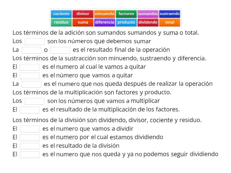 Términos de las operaciones básicas - Complete the sentence