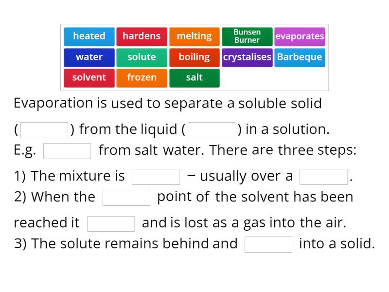 (Year 7) Separation by evaporation and distillation Complete the sentence