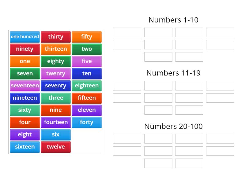 Numbers - groups | 1-10, 10-19, 20-100 - Group sort