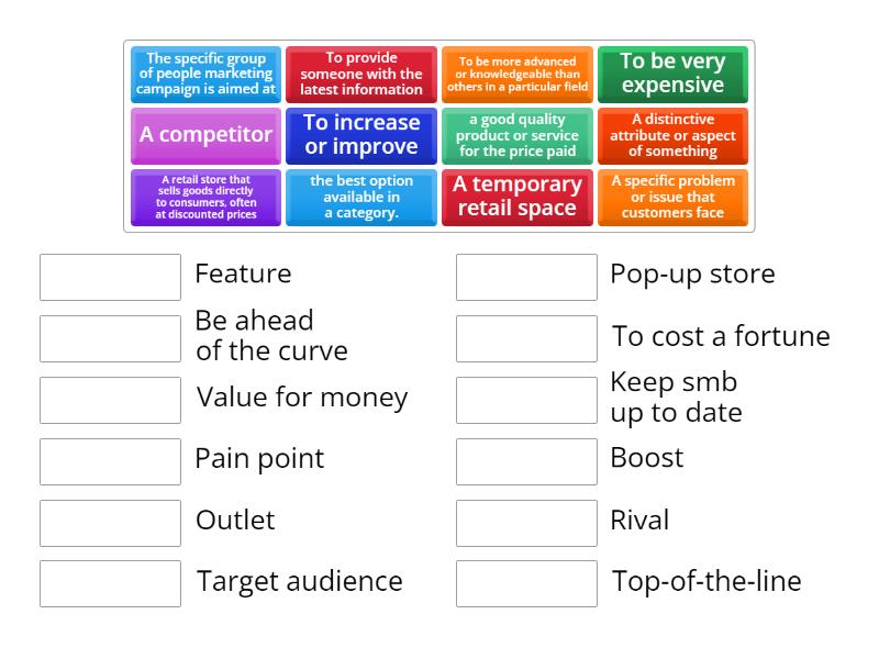 read the definition and gues its key phrase/word Match up