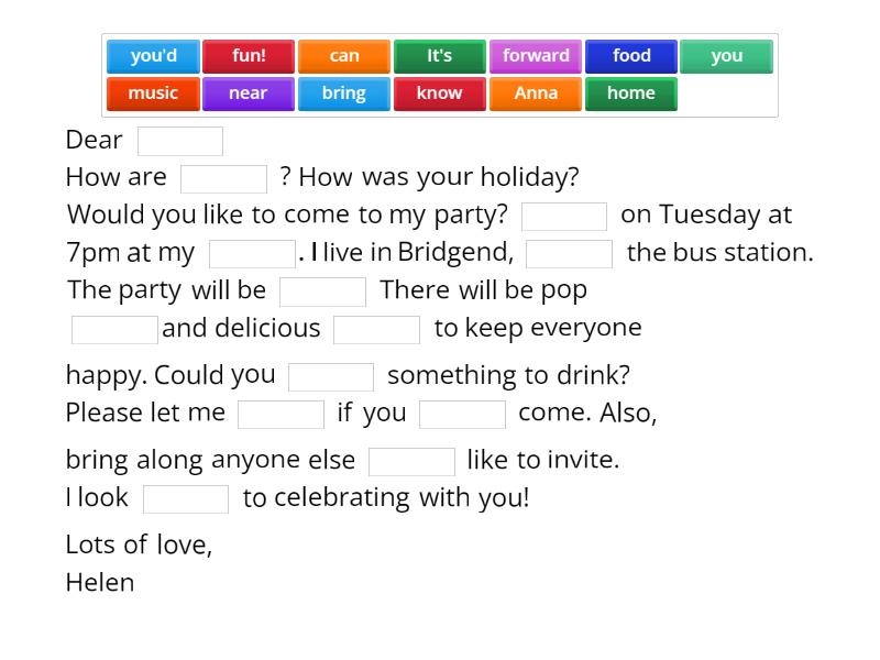 ESOL E2 Invitation to a party - Complete the sentence