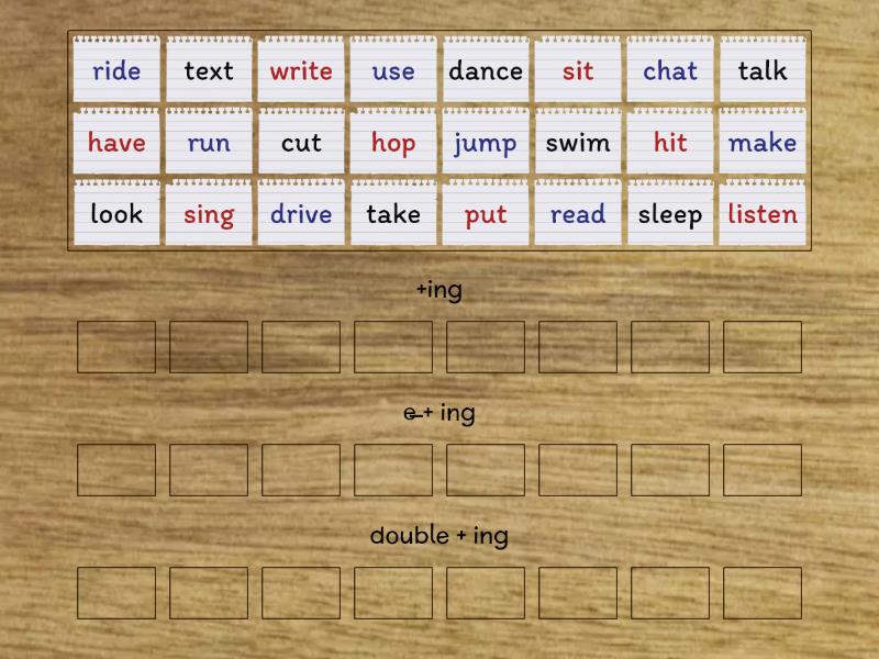 Go getter 2. Unit 3.2. Adding -ing - Group sort