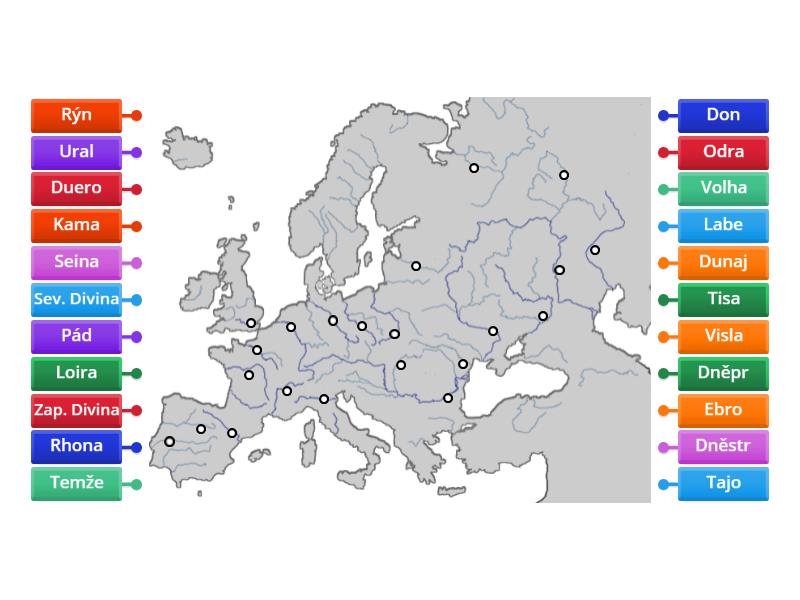 Slepá mapa, řeky - Evropa - Labelled diagram