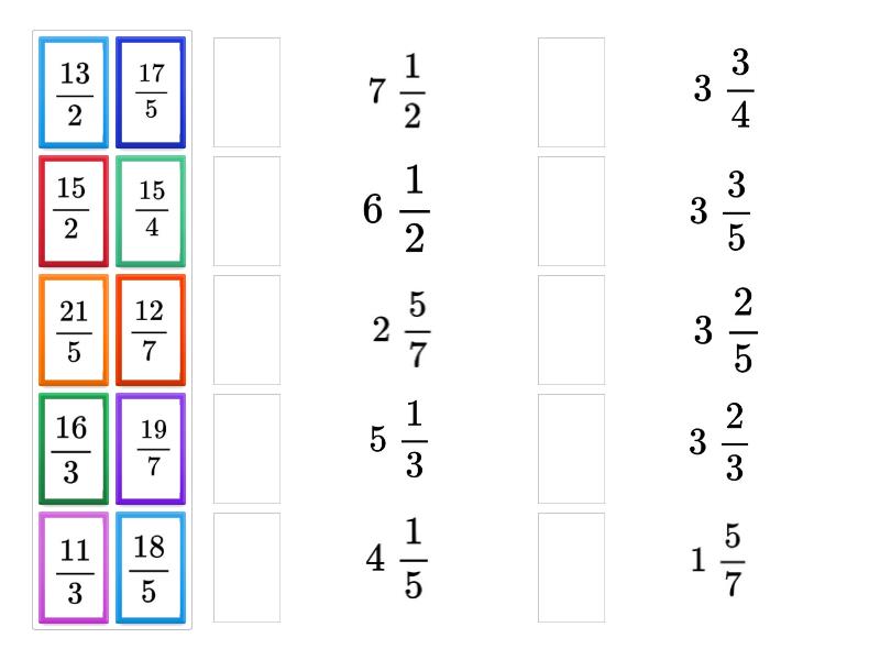 Matching improper fractions and mixed numbers Pas onegte breuke met ...