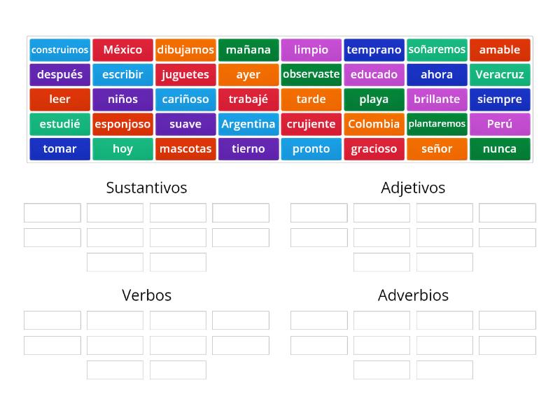 Sustantivos, Adjetivos, Verbos Y Adverbios - Group Sort