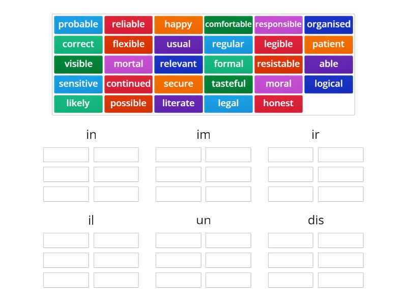 Negative prefixes with adjectives - Public Speaking - Group sort