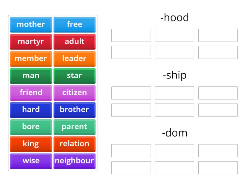 Noun-forming suffixes (-dom/-hood/-ship) - Group sort