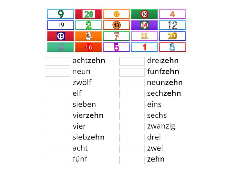 Die Zahlen (1 - 20) + - Match up