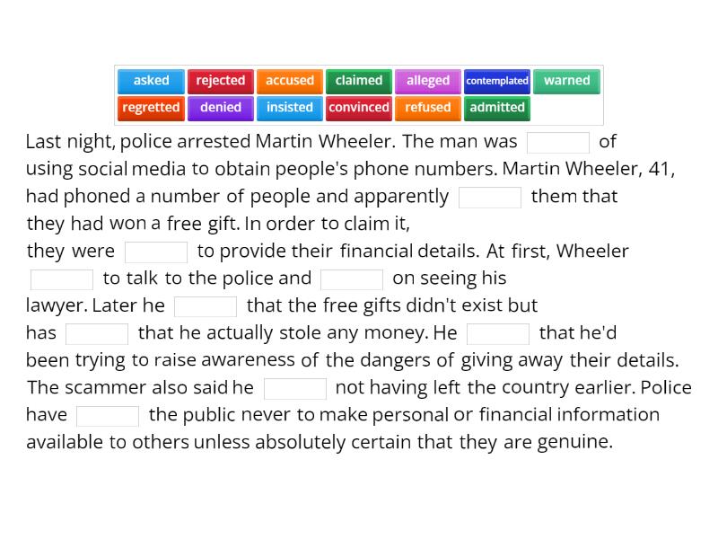 A scam (reporting verbs) - Complete the sentence
