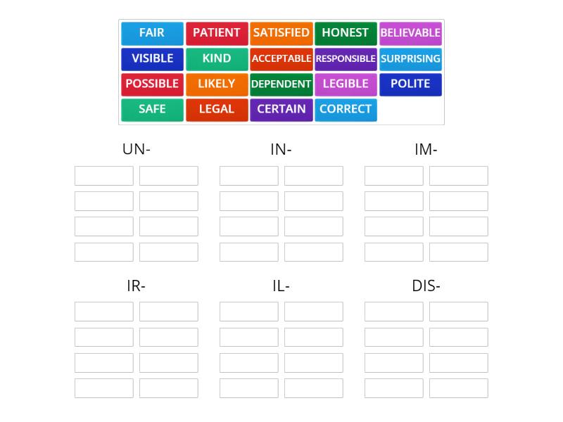 NEGATIVE ADJECTIVE PREFIXES - Group sort