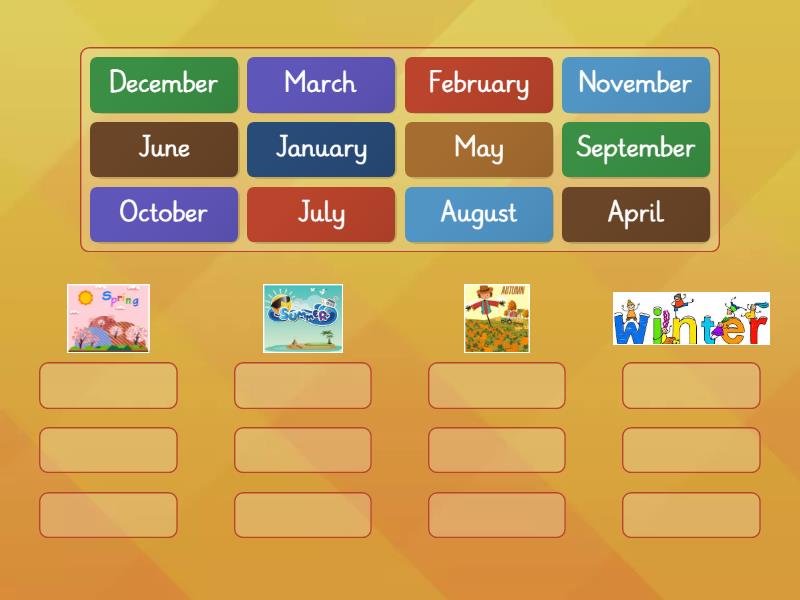 Complete the months and seasons. Months in English. Seasons and months. Seasons with months.