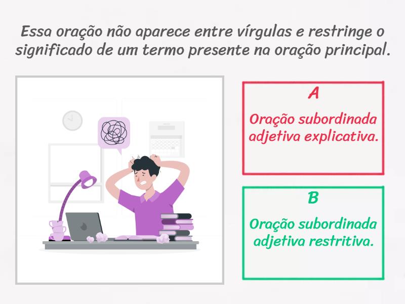 Orações subordinadas adjetivas restritivas e explicativas. - Questionário