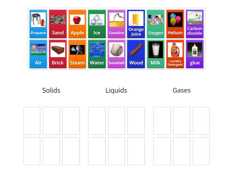 CAX KS3 Solids, Liquids and Gases, examples Ordenar por grupo