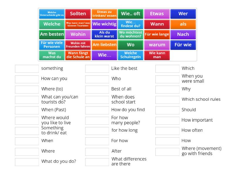 1 german question words for role play match up