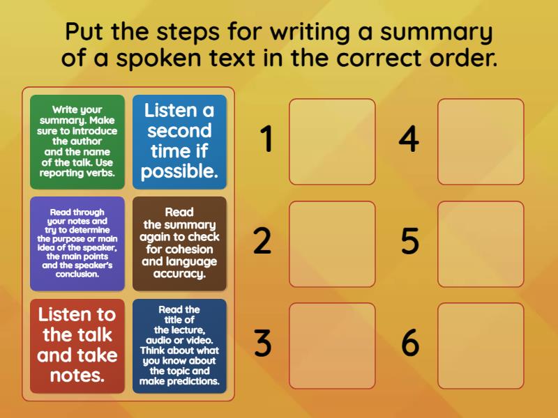 Steps for writing a summary of a spoken text - Rank order