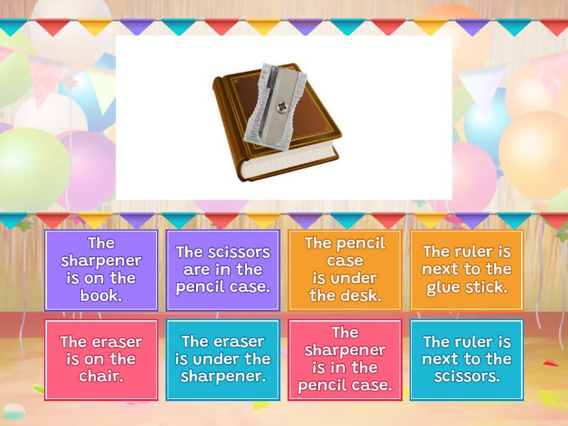 Prepositions in - on - under - next to - school objects - Cada oveja ...