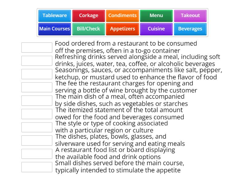 Restaurant vocabulary - Match up