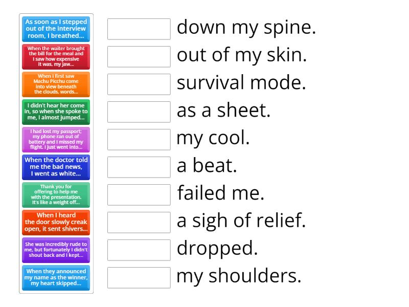 Phrases to describe fear, shock, surprise, relief (ESL Brains) - Match up