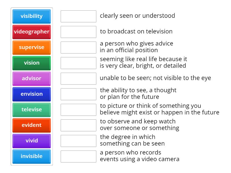 vid, vis Root Word Study - Match up