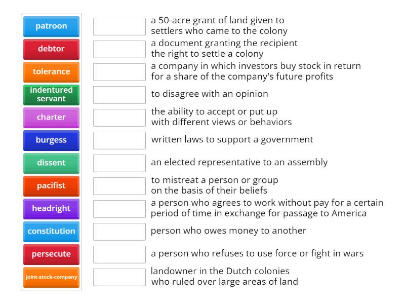 Colonial vocabulary - Match up