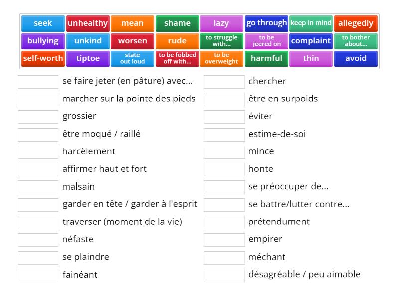 Exercice vocabulaire - Match up